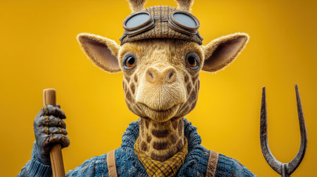 This charming giraffe character brings whimsy and joy to any setting, dressed in vintage attire and holding a gardening fork against a bright yellow backdrop.の素材