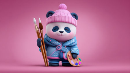 This adorable panda character in a charming winter outfit holds paintbrushes and a colorful palette, perfect for fun and creativity.の素材