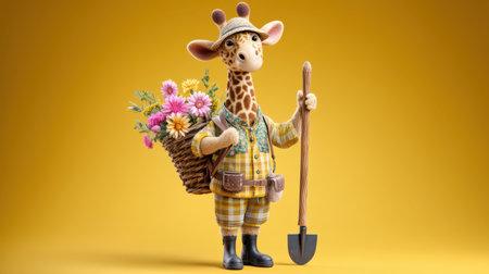 This colorful illustration features a charming giraffe character holding a shovel and a basket of flowers, set against a bright yellow background.の素材