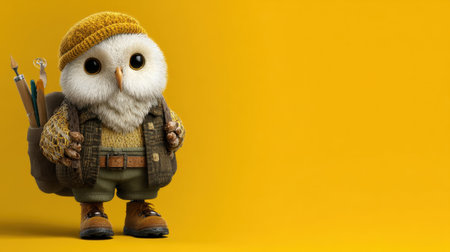 A charming cartoon owl character dressed in a cozy outfit stands proudly against a vibrant yellow background, showcasing creativity and warmth.の素材