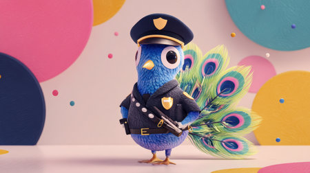This playful cartoon bird, dressed in a police uniform, showcases vibrant peafowl feathers against a colorful backdrop, offering a whimsical touch for creative projects.の素材