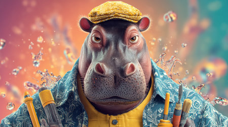 This vibrant illustration features a stylish hippo character with tools, creating a fun and imaginative atmosphere ideal for creative projects.の素材
