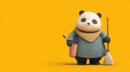 This charming cartoon panda mascot showcases a friendly demeanor, dressed in a cozy sweater and holding cleaning tools, against a bright yellow backdrop.の素材