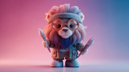 This adorable cartoon lion character holds paintbrushes, showcasing creativity and playfulness against a soft gradient background. Perfect for art lovers!の素材