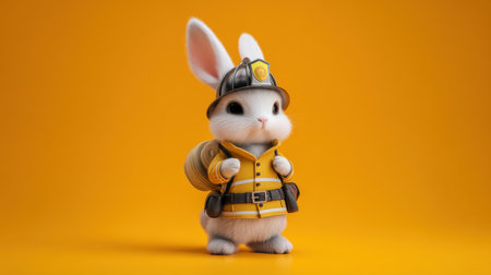 This vibrant image features a cute rabbit dressed as a firefighter, showcasing a playful and cheerful character design. The bright yellow background enhances the lively atmosphere.の素材