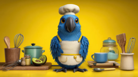 This charming blue parrot character dressed as a chef brings a playful touch to any kitchen scene, surrounded by culinary tools on a bold yellow background.の素材