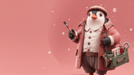 This playful penguin character, dressed in a charming pink coat and hat, brings a whimsical touch to any project. Perfect for winter themes!の素材