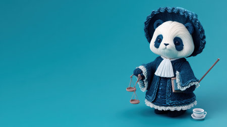 This charming panda figure embodies justice with scales in its adorable attire against a vibrant turquoise backdrop. Perfect for adding whimsy.の素材