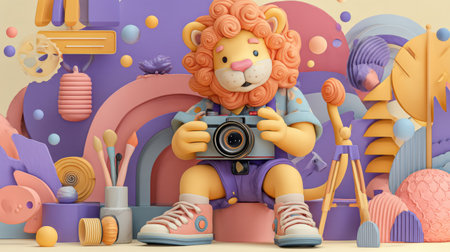 This delightful image features a cartoon lion character holding a camera amidst a vibrant backdrop of playful shapes and art supplies, evoking creativity.の素材