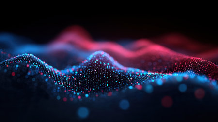 Dive into a mesmerizing abstract scene featuring glowing particles in vibrant blue and red waves, creating a sense of depth and motion.の素材