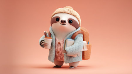 This charming cartoon sloth character is depicted in a cozy sweater and hat, holding coffee and school supplies, perfect for playful designs.の素材