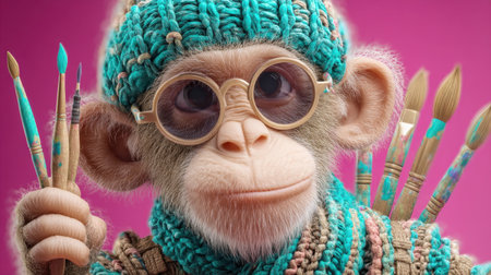 A delightful monkey artist showcases creativity with colorful paintbrushes and stylish glasses, set against a vibrant background, exuding charm.の素材