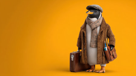 A playful penguin dressed in a stylish brown coat and flat cap holds a briefcase, exuding charm against a vibrant yellow backdrop.の素材