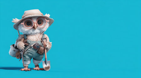 This charming cartoon owl character features stylish sunglasses and a gardening outfit, complete with a spade. The bright blue backdrop enhances its whimsical appeal, making it perfect for creative projects.の素材