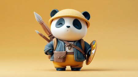 Adorable cartoon panda character dressed as a painter with brushes and palette, radiating creativity and joy in a bright setting.の素材