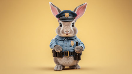 A charming rabbit dressed as a police officer stands confidently against a warm yellow background, showcasing its playful personality and cute appeal.の素材