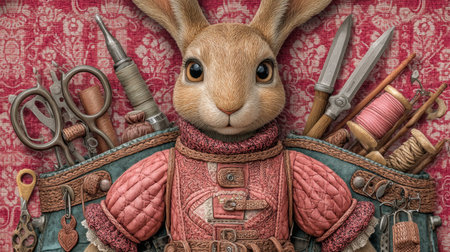 A charming rabbit character dressed for crafting, standing proudly amidst an array of colorful sewing tools and threads, perfect for whimsical artistry.の素材