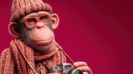 A whimsical depiction of a monkey photographer wearing a cozy hat and glasses, holding a vintage camera in a vibrant pink studio setting.の素材