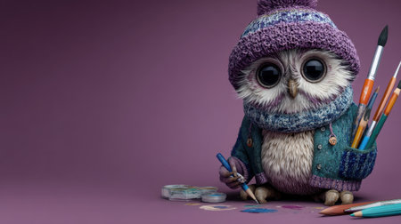 This whimsical owl character dressed in winter attire holds art supplies against a soft purple background, perfect for creative projects.の素材