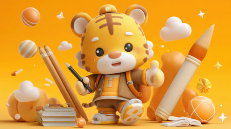 A playful cartoon tiger character stands cheerfully amidst vibrant orange school supplies and decorations, embodying creativity and joy.の素材