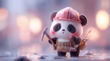 This adorable cartoon panda construction worker stands proudly with tools in hand, showcasing creativity and a charming personality in a vibrant urban setting.の素材
