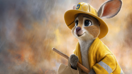 Adorable cartoon rabbit dressed as a firefighter, equipped with tools, stands bravely against a smoky backdrop, evoking adventure and heroism.の素材