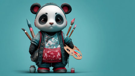 A charming cartoon panda stands as an artist, holding paintbrushes and a bright palette in a playful and colorful scene.の素材