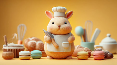 This charming image features an adorable rabbit dressed as a chef, surrounded by delightful pastries and colorful macarons, creating a joyful baking atmosphere.の素材