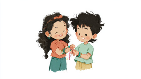 Two cheerful children are depicted joyfully tying colorful friendship bracelets together, showcasing creativity and connection in their playful world.の素材