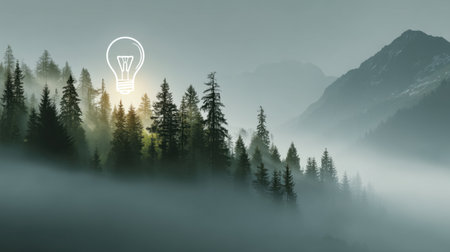 A tranquil forest landscape featuring tall pine trees shrouded in mist, with a lightbulb symbolizing ideas and inspiration in a serene atmosphere.の素材