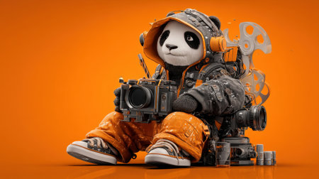 This vibrant image features a playful panda character dressed in a stylish outfit, holding a camera against a bright orange background, embodying creativity and fun.の素材