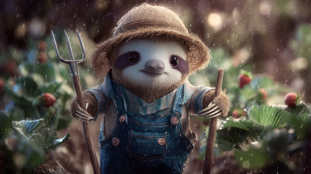 Adorable sloth character adorned in a straw hat and overalls stands joyfully in a strawberry field amidst gentle raindrops.の素材