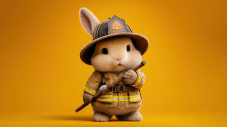 This adorable bunny dressed as a firefighter captures the charm of courage and playfulness, bringing joy with its cute demeanor and vibrant colors.の素材