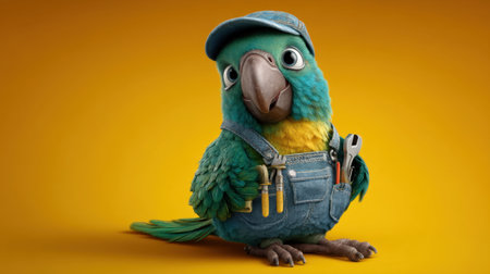 This vibrant cartoon bird character in denim overalls is ready for adventure. Featuring tools and a playful expression, it's perfect for creative projects.の素材