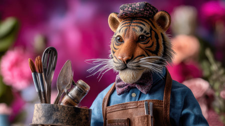 This quirky image features a tiger character in chef attire, surrounded by vibrant flowers and kitchen utensils, evoking creativity and whimsy.の素材