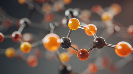 Vibrant abstract image featuring molecular structures with colorful spheres. This visual representation showcases the beauty of chemistry and scientific research.の素材