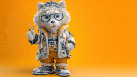 This image features a cute cartoon bear character wearing glasses and holding toothbrushes against a vibrant orange background. Perfect for children's products and playful designs.の素材