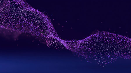 A mesmerizing display of ethereal purple particles flowing gracefully in a wave-like formation, creating a stunning abstract visual against a dark background.の素材