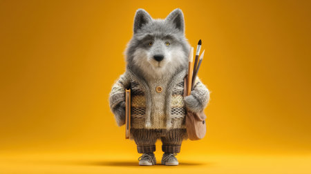 Adorable cartoon wolf character in a fluffy sweater, holding art supplies. This whimsical image captures creativity and charm with a warm, inviting feel.の素材