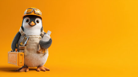 A charming cartoon penguin character dressed as a construction worker holds tools against a vibrant orange background. This playful image captures imagination and spirit.の素材