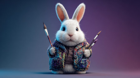 This charming rabbit character embodies creativity, holding paintbrushes and wearing a cozy sweater. Perfect for art and lifestyle projects.の素材