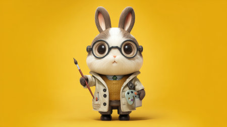 This charming rabbit character sports glasses and a paintbrush, set against a bright yellow background, perfect for showcasing creativity.の素材