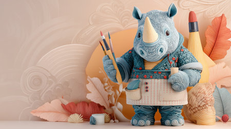 This charming sculpture features a rhinoceros artist, adorned in colorful attire, holding paintbrushes. It embodies creativity and whimsy, surrounded by autumn leaves and artistic tools, showcasing a vibrant and imaginative atmosphere ideal for art-themed projects.の素材