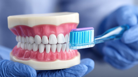 This image showcases a dental model in a person's hands, demonstrating the importance of proper oral hygiene practices using a toothbrush.の素材