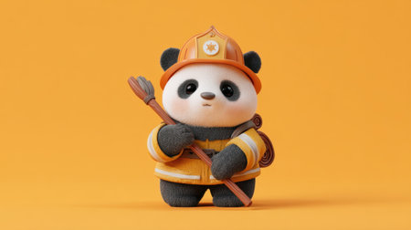This charming illustration features a cute panda dressed as a firefighter, complete with a uniform and helmet, set against a vibrant orange backdrop.の素材
