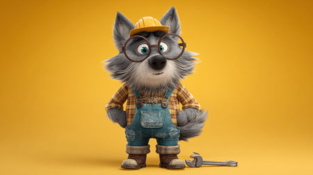 A charming cartoon wolf character dressed in a construction outfit, complete with a yellow hard hat and glasses, stands confidently.の素材