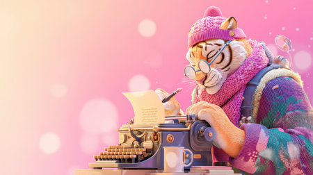 A whimsical illustration of a tiger in a vibrant sweater and glasses, happily typing on a vintage typewriter against a soft pink bokeh backdrop.の素材