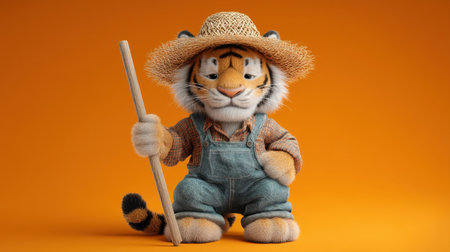This charming cartoon tiger character dressed as a farmer holds a stick, set against a bright orange background, perfect for children's themes.の素材