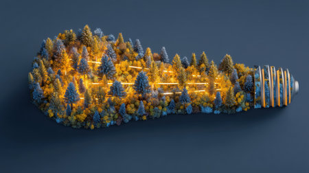 A striking visual of a light bulb shaped like a lush forest, symbolizing the blend of nature and technology, emphasizing eco-conscious design.の素材