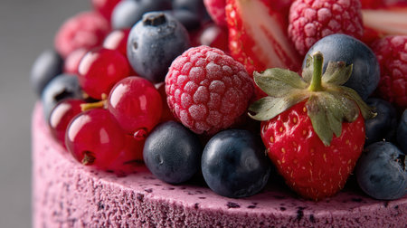 A beautifully crafted berry cake adorned with fresh strawberries, raspberries, blueberries, and currants, ideal for celebrations and desserts.の素材